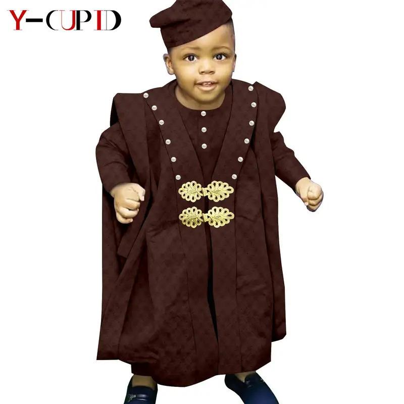 African Boy Outfit Bazin Riche Muslim Jacquard 4 Pieces Sets Tee Pant Robes and Cap Kids Children Suits Agbada Outwear Y234017 1