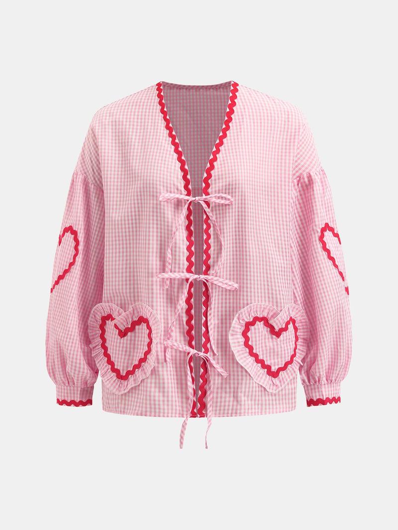 Product Introduction of YOZY Women's Heart Print Tie Front Bishop Sleeve Shirt, Casual Long Sleeve Pocket Top for Spring & Fall, Women's Clothes for Daily Wear 7