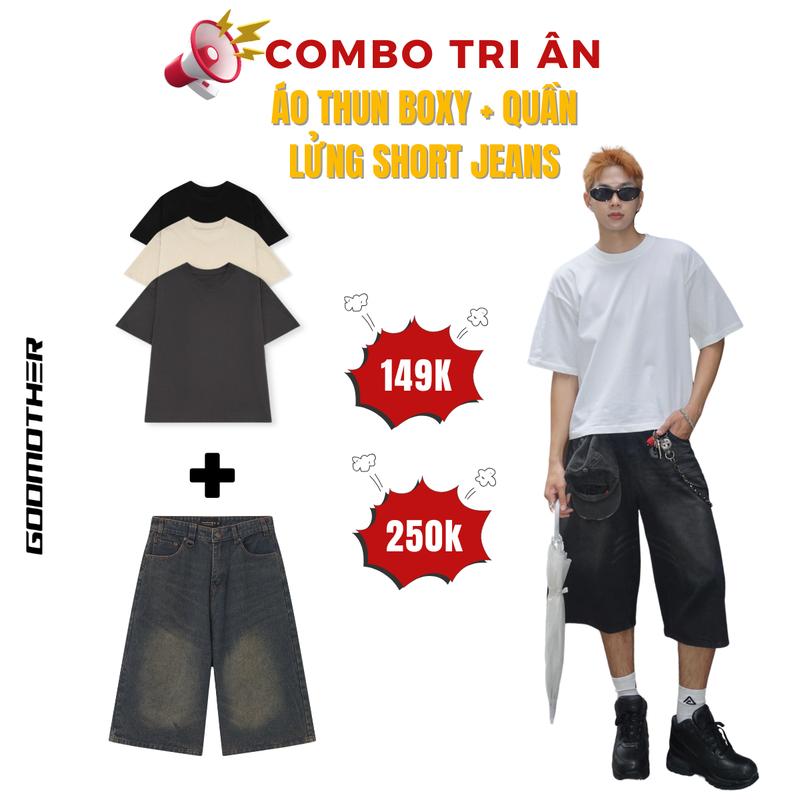 COMBO Áo Thun Trơn BOXY Bản Cao Cấp + Quần Lửng Wide Leg Short Jeans Bản Cao Cấp GODMOTHER