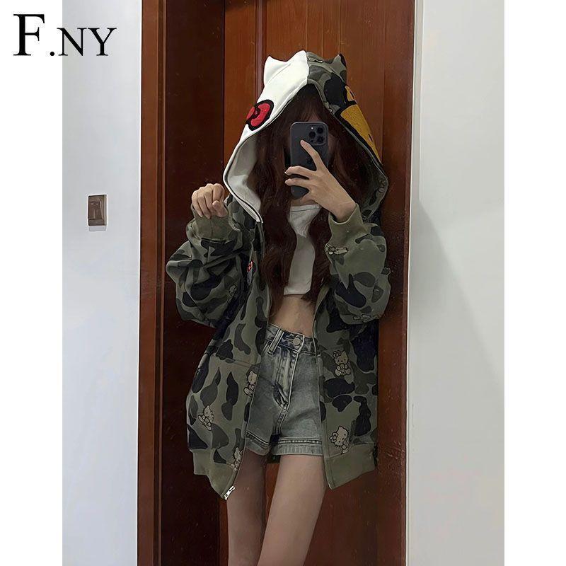 Áo len có mũ Hello Kitty, phong cách Rộng rãi và lười biếng, áo khoác Cardigan đệm lót lót lông cừu, dành cho phụ nữ, thời trang Trung Quốc, họa tiết rằn ri mèo, năm 2024 7