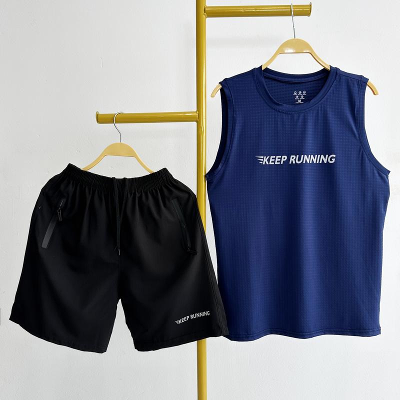Bộ tanktop, bộ quần áo sát nách thể thao, bộ 3 lỗ Gồm áo thun caro Running và quần short gió khóa nổi