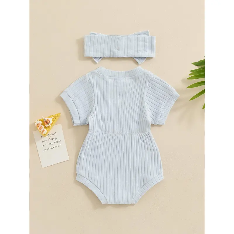 Trang phục cho bé gái sơ sinh, Bodysuit ngắn tay cổ thuyền đồng màu với băng đô nơ Quần áo mùa hè 1