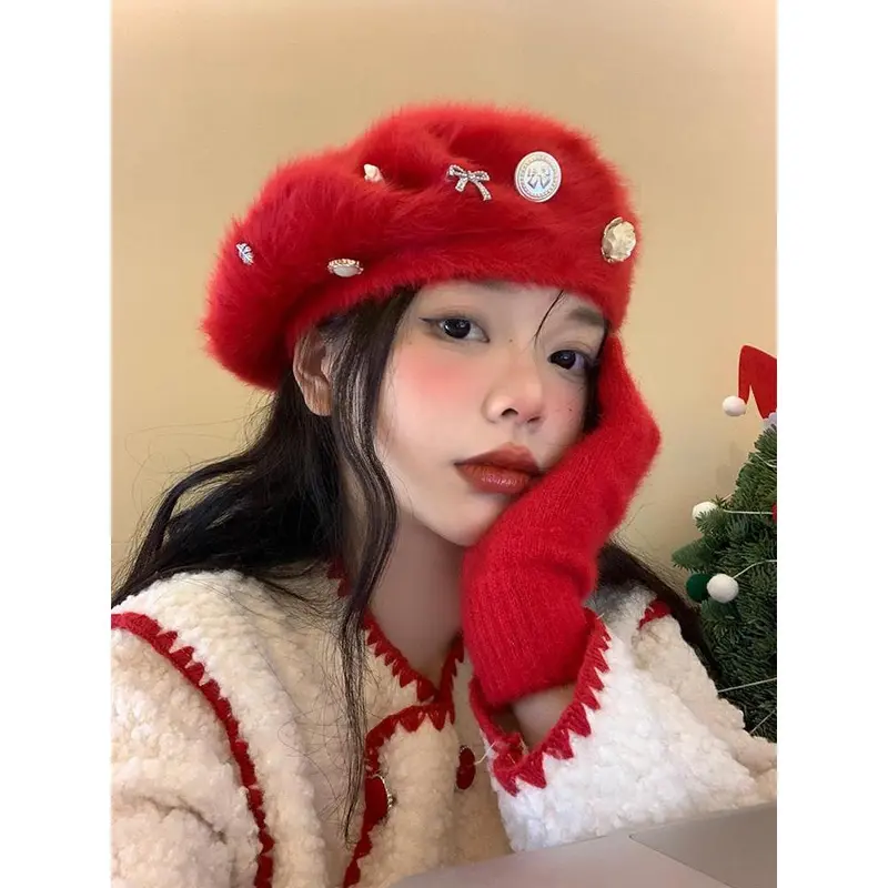 Mũ Nồi Lông Thỏ, Dành Cho Nữ, Mùa Đông, Màu Đỏ, Thích Hợp Cho Giáng Sinh Và Năm Mới, Mũ Họa Sĩ, Phong Cách Hàn Quốc, Thích Hợp Cho Khuôn Mặt Nhỏ Mũ Nhồi Bông Ấm Áp Hoa Hat Nón 4