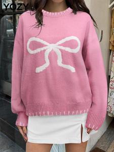 YOZY Women's Bow Print Drop Shoulder Sweater, Casual Long Sleeve Round Neck Jumper for Fall & Winter, Fashion Ladies' Knitwear for Daily Wear