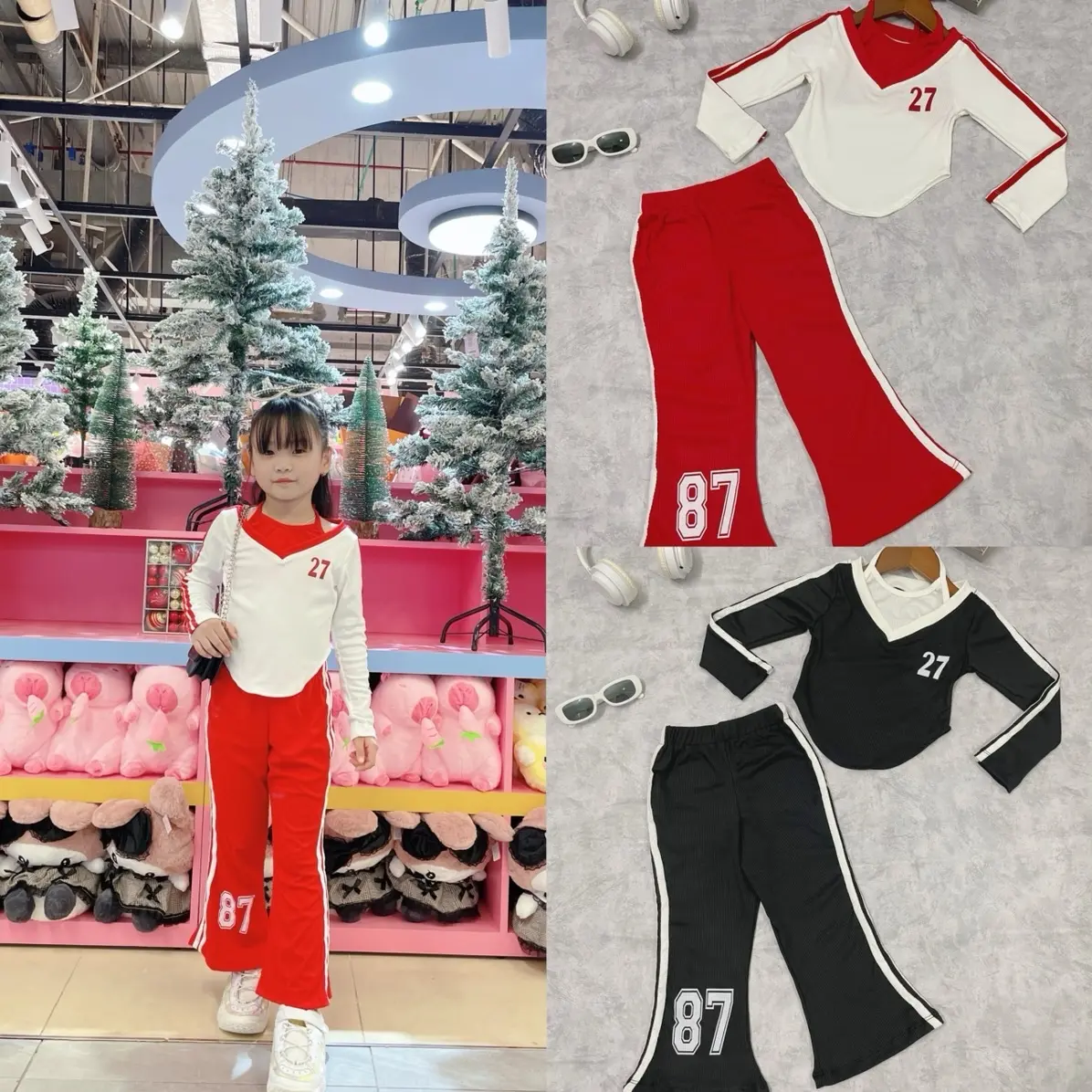 Set Áo Tay Phối Cổ Yếm Kèm Quần Loe Sọc