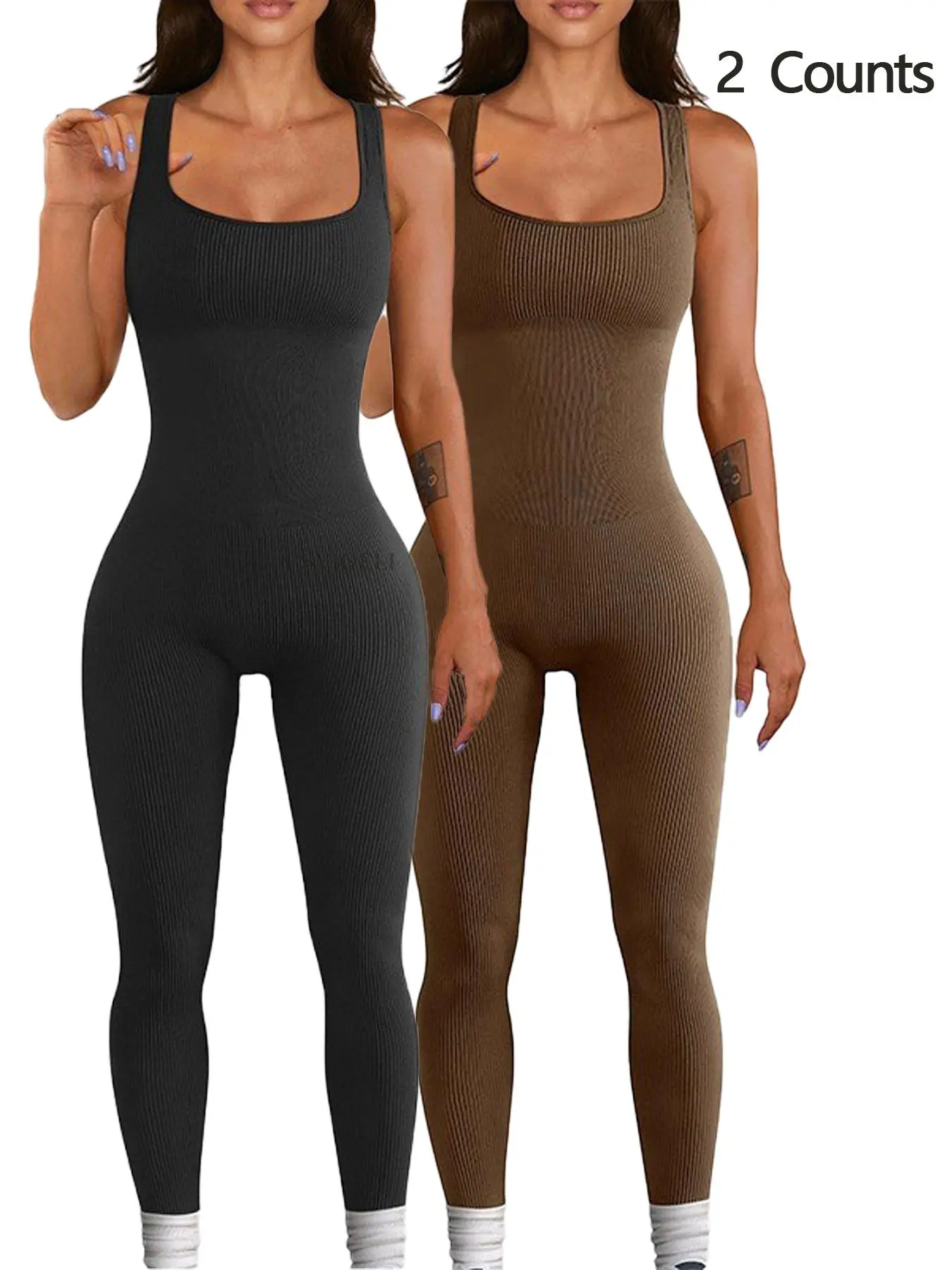 Women's Solid Square Neck Sports Tank Jumpsuit, Sporty Sleeveless Ribbed Jumpsuit for Yoga Gym Workout, Ladies Sportswear for All Seasons