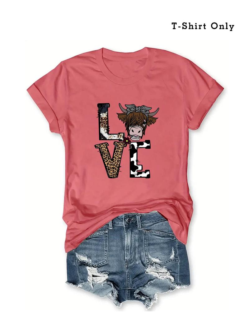 Product Introduction of Plus Size Leopard Letter & Cow Print Round Neck Tee, Fashion Casual Crew Neck Short Sleeve T-shirt for Daily Outdoor Wear, Women Plus Clothing for Summer 5