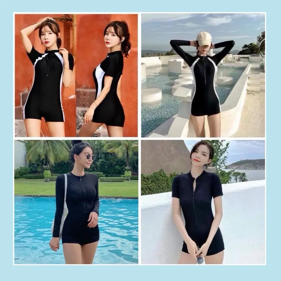 Bikini Bodysuit Tay Ngắn & Tay Dài Màu Đen Sọc Trắng & Đen Form Short Kín Đáo - Women