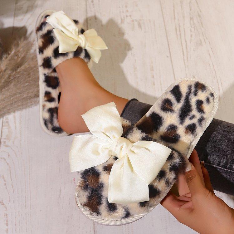 Product Introduction of Fluffy Leopard Bowknot Slippers Women's Autumn and Winter Flat Home Floor Slippers Open Toe Cotton Slippers Women's Flat-Heeled Slippers Rubber Suede 21