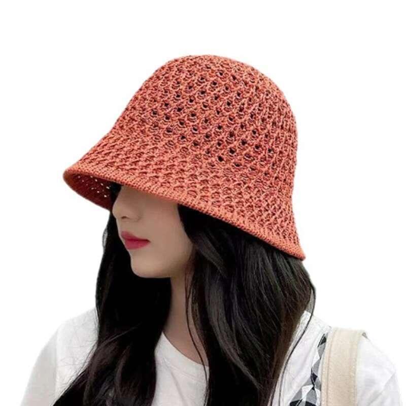 Bucket Spring Summer Hollow Knitted Hat Solid Color Sunhat Fisherman Caps Casual Foldable Beach Cap 4