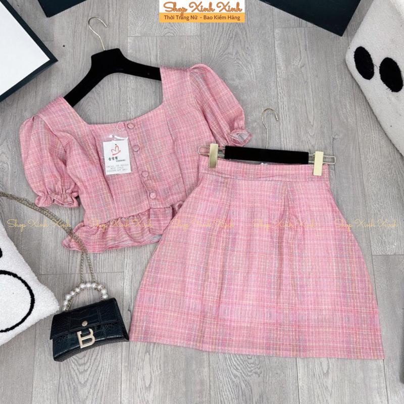 Product Introduction of Sét Bộ Đồ Nữ, Set Áo Chân Váy Kẻ Hồng, Set Váy Áo Kẻ Hồng Cổ Vuông Tay Phồng Mix Chân váy chữ A cùng tông hồng nữ tính 12