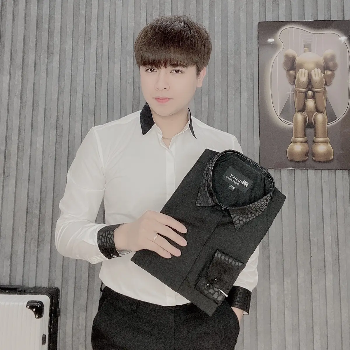 Sơ mi Luxury mix viền lụa đen. Menswear Áo