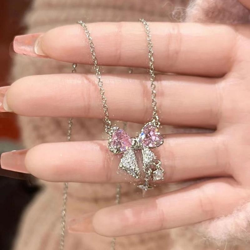 Explosive Network Red Pink Bright Bow Necklace Ins Students Sweet Cool Girl Clavicle Chain with Light Luxury Senior Sense of Summer 2