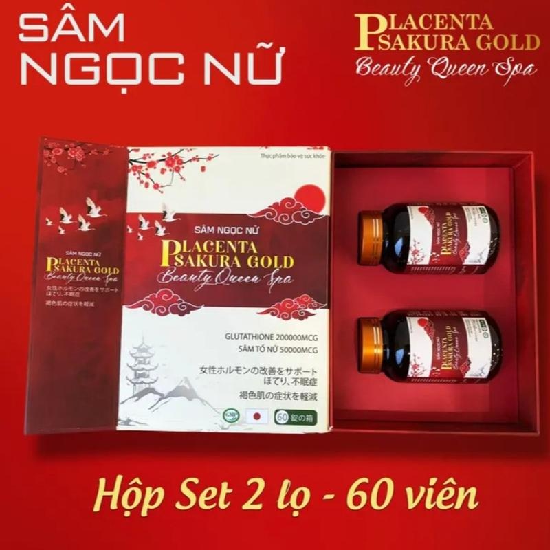 1 Hộp Thực Phẩm Hỗ Trợ Chăm Sóc Sắc Đẹp Sâm Ngọc Nữ PLACENTA SAKURA GOLD - Hộp 2 lọ, tổng 60 VIÊN sâm  tố chính hãng