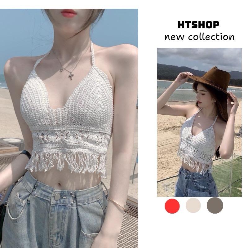 [Bán sỉ]-Áo bra len móc tua rua đồng xu, thời trang bikini đi biển mùa hè 2024