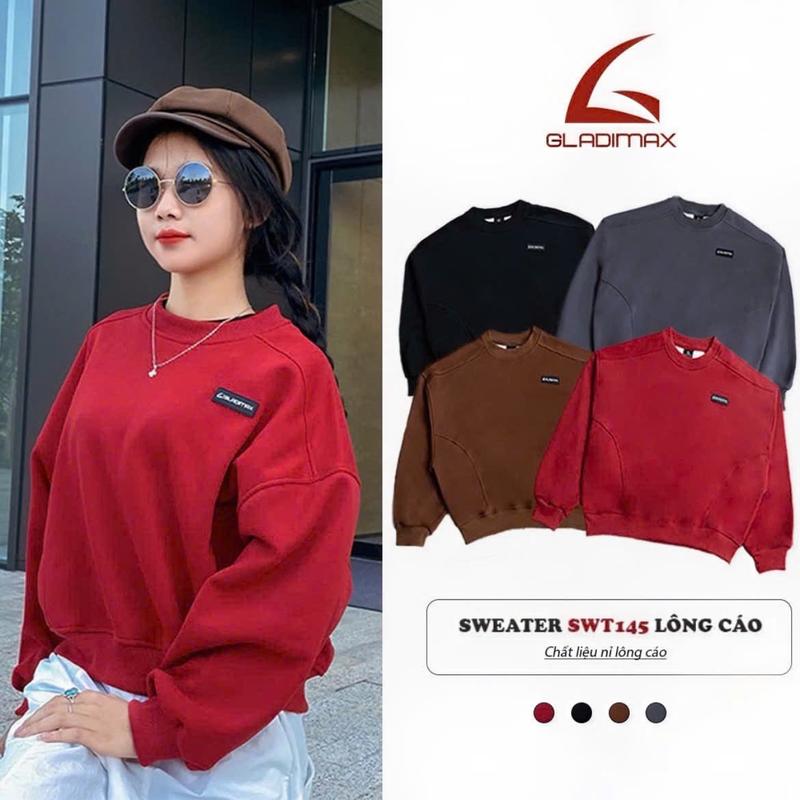 Áo Sweater Cổ tròn Nỉ Lông Cáo dày dặn dáng rộng  cánh rơi dành cho nữ  logo gladimax SW145 Women Cổ Tròn, Hoodie Heart Top Voi