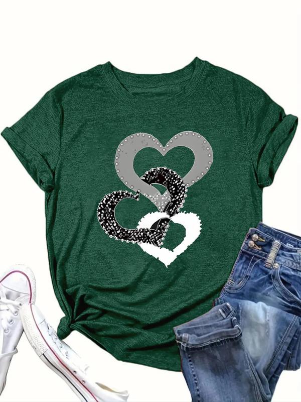 【Plus Size】Heart Print Round Neck Tee, Fashion Casual Short Sleeve T-shirt for Daily Outdoor Wear, Women Plus Clothing for All Seasons 0