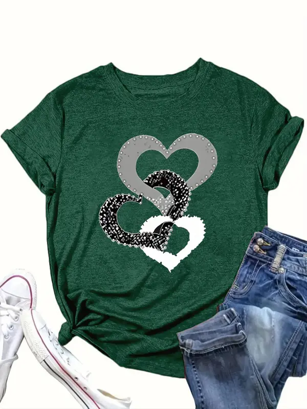 【Plus Size】Heart Print Round Neck Tee, Fashion Casual Short Sleeve T-shirt for Daily Outdoor Wear, Women Plus Clothing for All Seasons 0