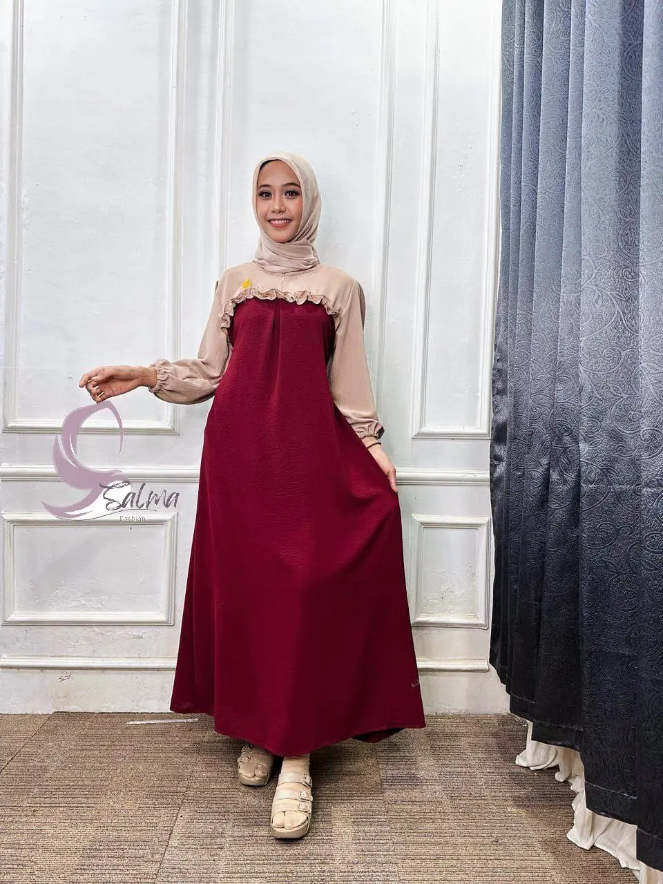 Salma Fashion Malaya Dress Crinkle Airflow Gamis Lengan Panjang Resleting Depan