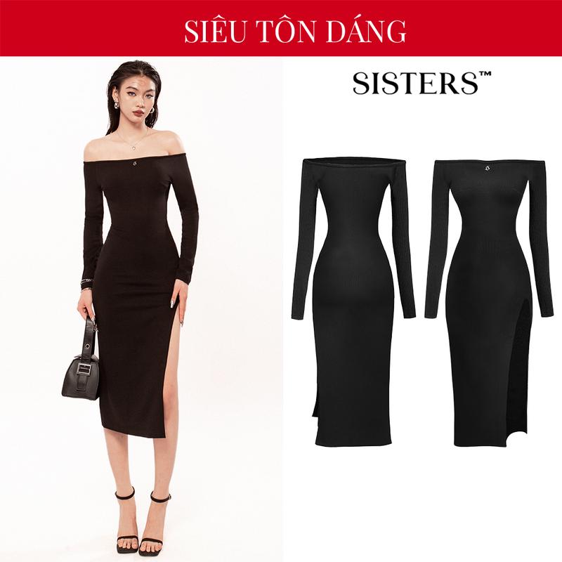 Váy body trễ vai dài tay SISTER xẻ tà sexy màu đen thun gân ôm sát tôn dáng đầm body dài Inga | SS3-D3