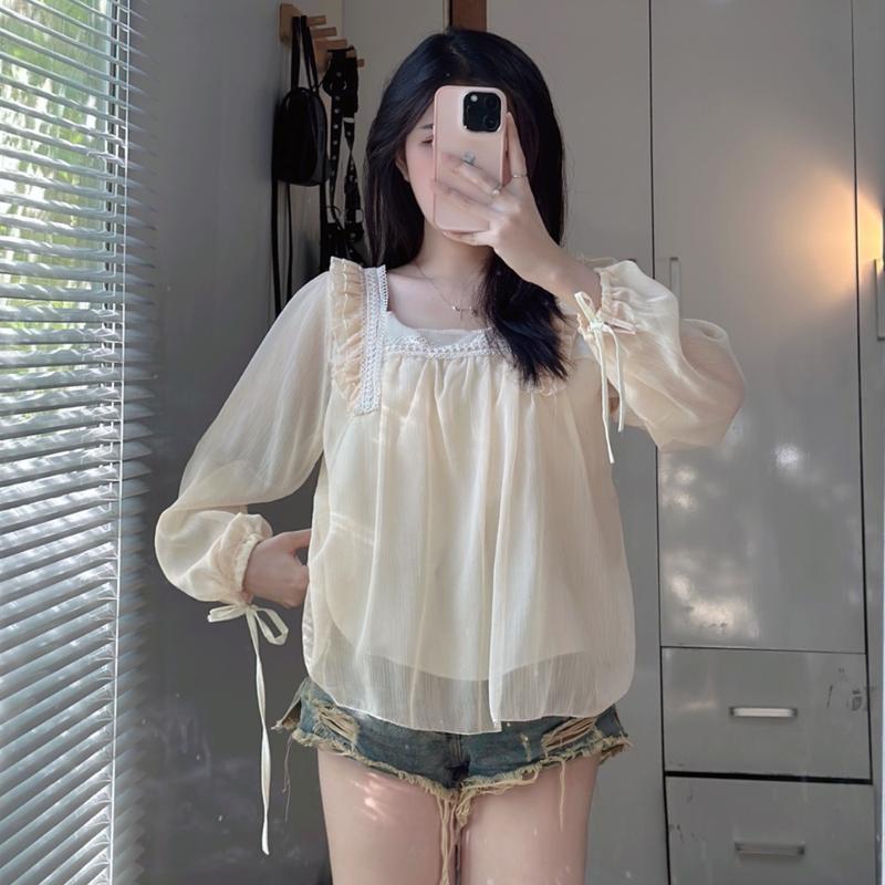 Áo kiểu nữ tay dài , áo babydoll tay bồng , áo kiểu tiểu thư phối viền bèo siêu xinh PLA90