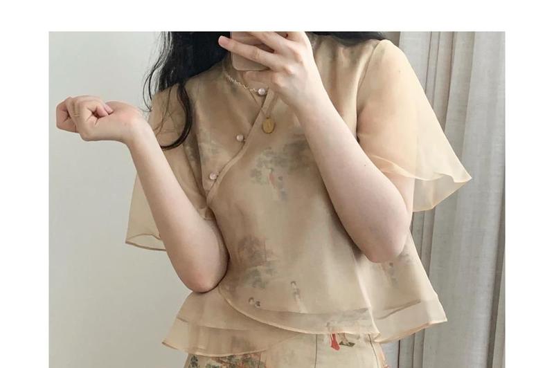 Product Introduction of Váy Sườn Xám Cải Tiến Cho Nữ, Bộ Hai Mảnh, Phong Cách Trung Quốc, Chắp Vá Mới, Áo Sơ Mi Gauzy, Váy, Mùa Hè 2