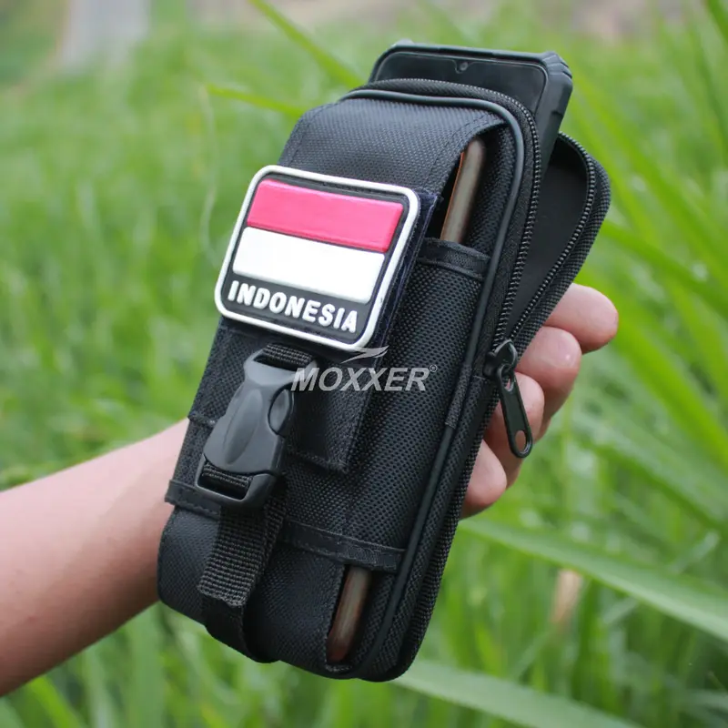 Sarung Tempat Hp Pinggang Pria Free Logo Perekat Tas Dompet Handpone Pinggang Doble Slot Resliting Pouch hp Cowok Kanvas Canvas 1