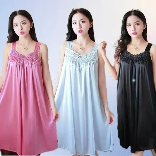 READY STOCK Satin Plain Design Nightwear Pajamas Baju Tidur Wanita Nightdress Baju Tido Perempuan Gaun