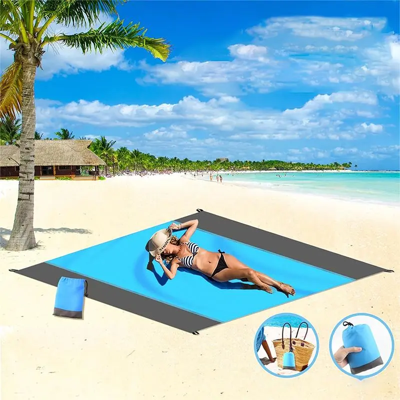 Beach Blanket, Waterproof & Sandproof Beach Mat with 4 Stakes & Storage Bag, Large Oversized Beach Mat for Family, Picnic, Concert, Travel