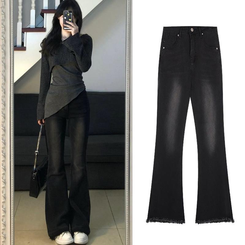 Quần jean nữ ống loe màu đen dáng dài cạp cao chất co dãn siêu tôn dáng Pants Women