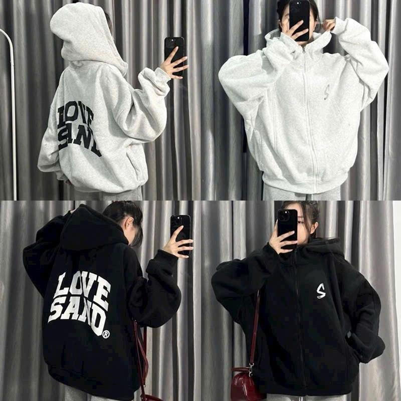 Áo Khoác Nỉ LOVE SAND Nón 2 Lớp Chất Nỉ Bông Tay Phồng Đẹp Áo Khoác Nữ Top Hoodie
