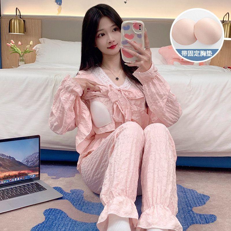 Bộ Đồ Ngủ Nữ, Phong Cách Ins, Làm Bằng Bông, Thích Hợp Cho Mùa Xuân Và Mùa Thu, Thiết Kế Đệm Ngực, Phong Cách Cổ Chữ V Ngọt Ngào 5