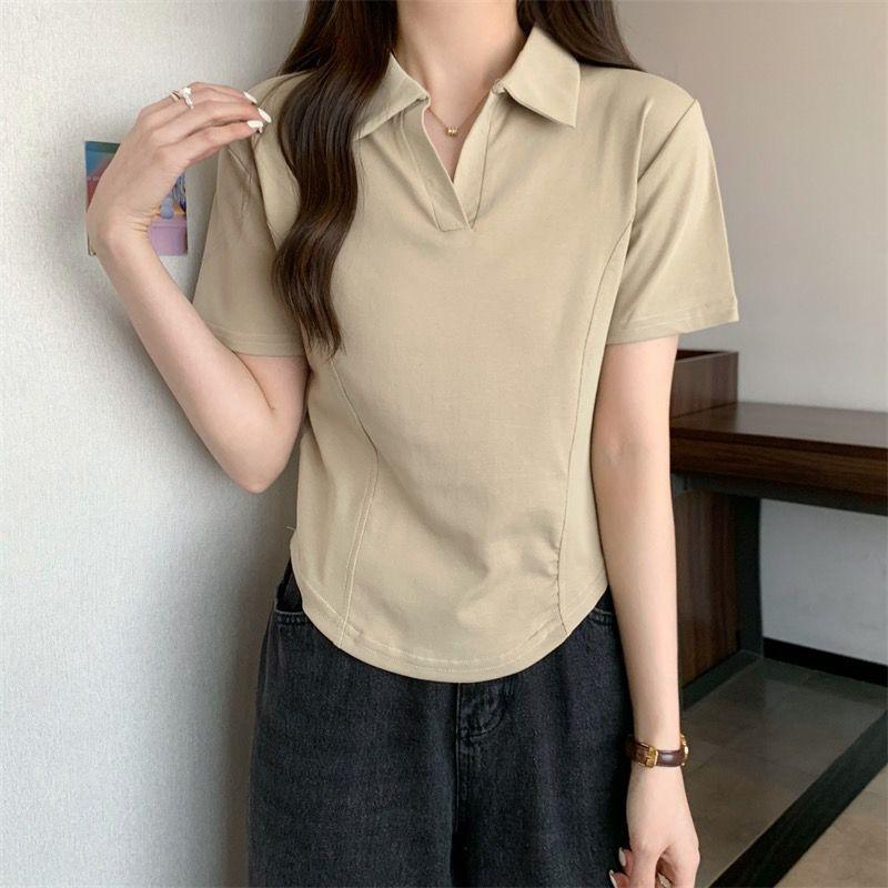 Product Introduction of Summer New Korean Style Polo Collar Solid Color Short-Sleeved Top for Women Slim Casual All-Match T-shirt Women 17