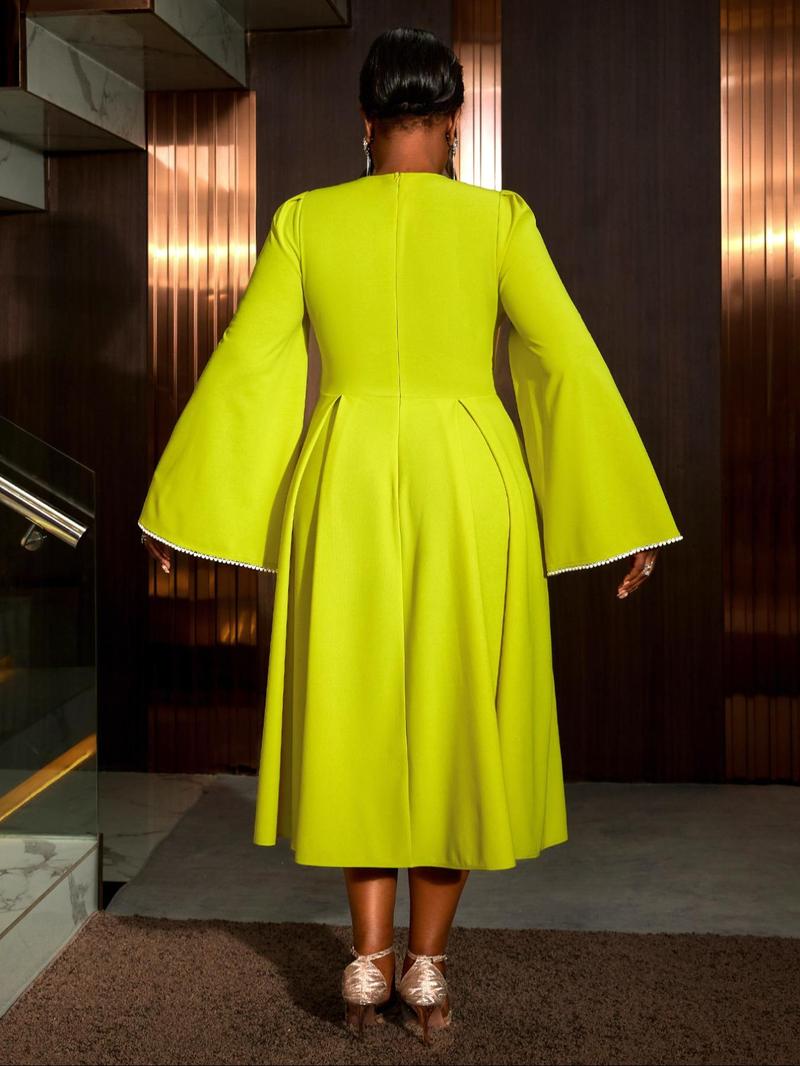 Product Introduction of 【Plus Size】 Faux Pearl Decor Cloak Sleeve A Line Dress, Elegant Long Sleeve Dress for Party Evening Formal Occasions, Women's Clothes for All Seasons 2