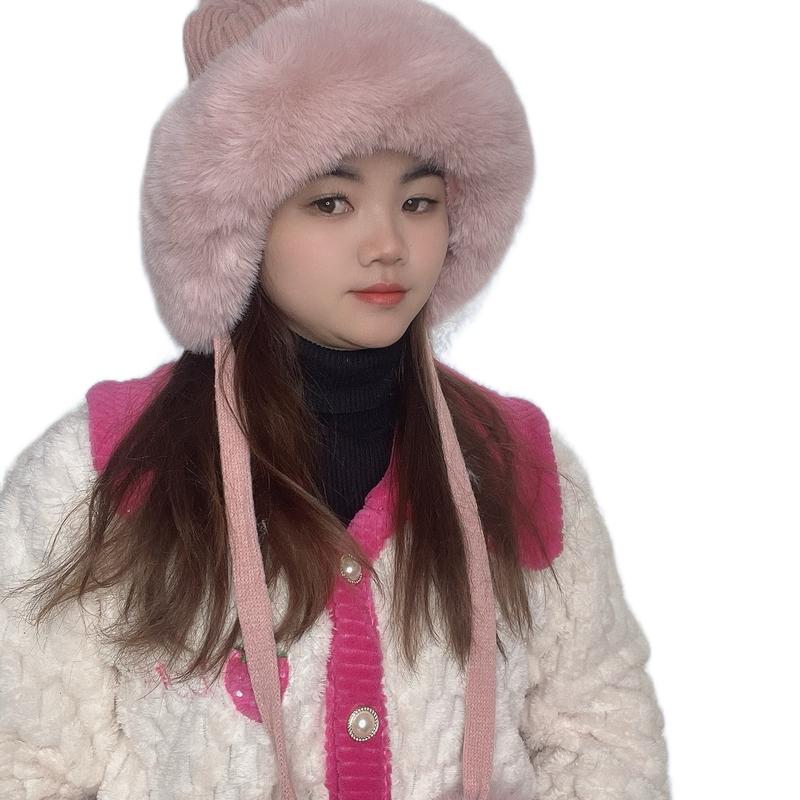 Mũ len nữ trùm đầu có dây buộc hai quả bông xinh Hat