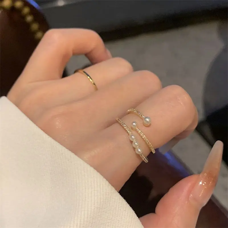 Pearl Open-End Zircon Ring Ins Niche High-Grade Simple Students' Index Finger Ring Female Cold Style Temperament Little Finger Ring