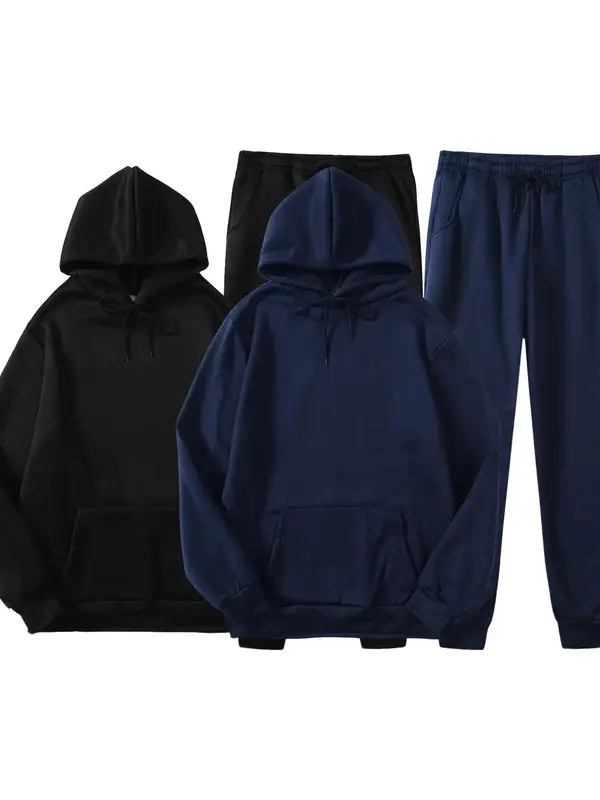 Men's Solid Two-piece Outfits, Regular Fit Casual Drop Shoulder Hoodie & Drawstring Sweatpants, Men Outfits for Fall & Winter, Airport Outfit, Matching Sets for Men, Premium Fabric 6