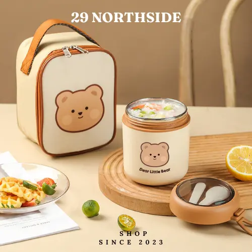 Cốc Đựng Canh, Bình Ủ Cháo, Giữ Nhiệt Lõi Inox 304 Gấu Nâu 530ml Kèm Muỗng Cao Cấp, 2 Lớp Cách Nhiệt