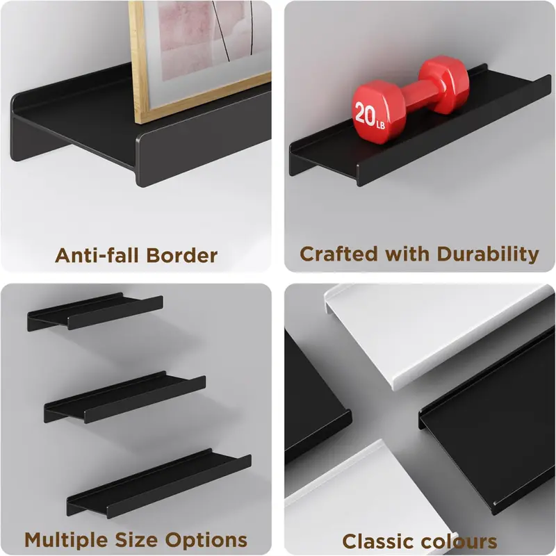 Floating Shelves for Wall, Wall Mounted Shelves with Lip for Storage, Metal Display Shelves for Home Decor, Kitchen/Living Room/Bedroom/Bathroom Shelf, Black 16 inch 2 Pack 6