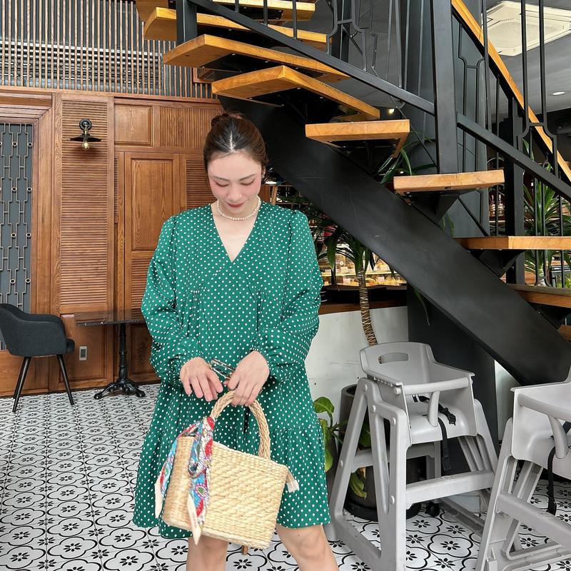 D28 VÁY BABYDOLL Nữ CỔ V TAY DÀI HOẠ TIẾT CHẤT LỤA (Có Kèm Quần Bảo Hộ) Dress Women