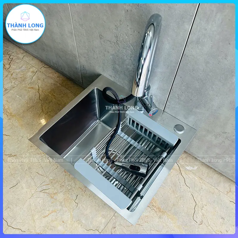 [45x40cm] Chậu Rửa Bát Inox 1 Hố Màu Inox Mờ Xước Cỡ Nhỏ, Bồn Rửa Bát 1 Hộc Inox 304 Cỡ Nhỏ 1