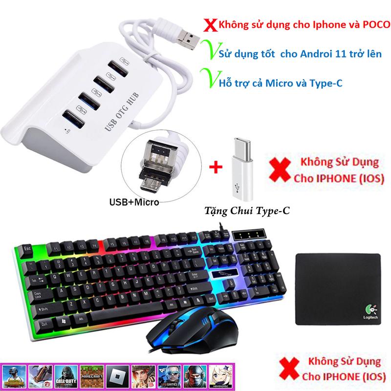 Combo Hub OTG + bàn phím chuột LED Gaming và USB OTG HUB hỗ trợ Free Fire PUBG Minecraft Roblox - USB Micro và USB Type-C