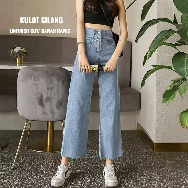 BOSENOM- Celana Highwaist Kulot Unfinished Korean Highwaist Jeans kulot silang Kaki Kancing Loose Nyaman