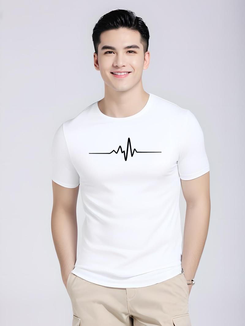 Product Introduction of Men's EKG Print Round Neck Tee, Regular Fit Casual Short Sleeve Crew Neck T-Shirt for Summer, Fashion Men's Top for Daily Wear, Tropical 1