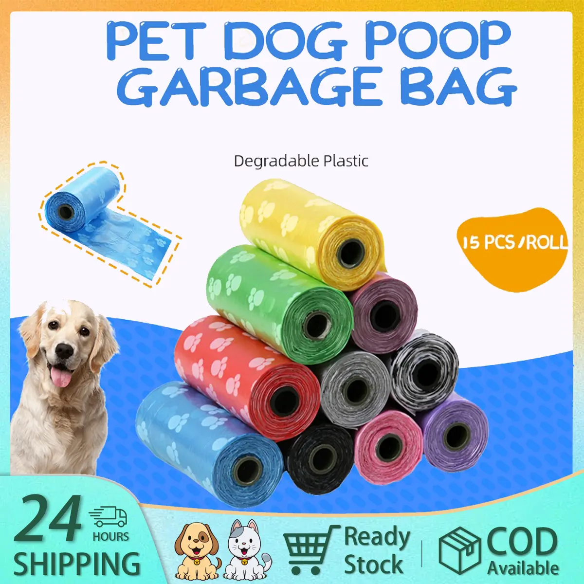 Dog Poop Bag Pet Refill Garbage Bag Waste Disposable Pet Poop Bag (15bags Per Roll)