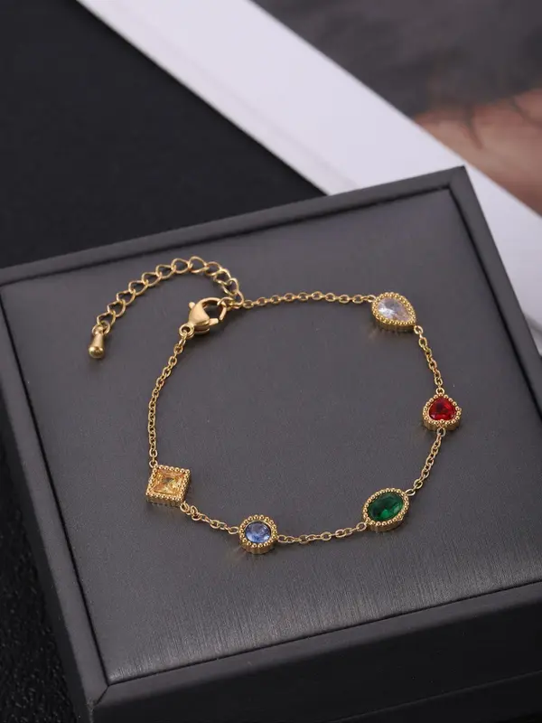 Fashion Colorful Artificial Gemstone Decorated Link Bracelet, Casual Jewelry for Party, Daily Clothing Decor, Trendy All-match & Exquisite Jewelry for Birthday Gift 0