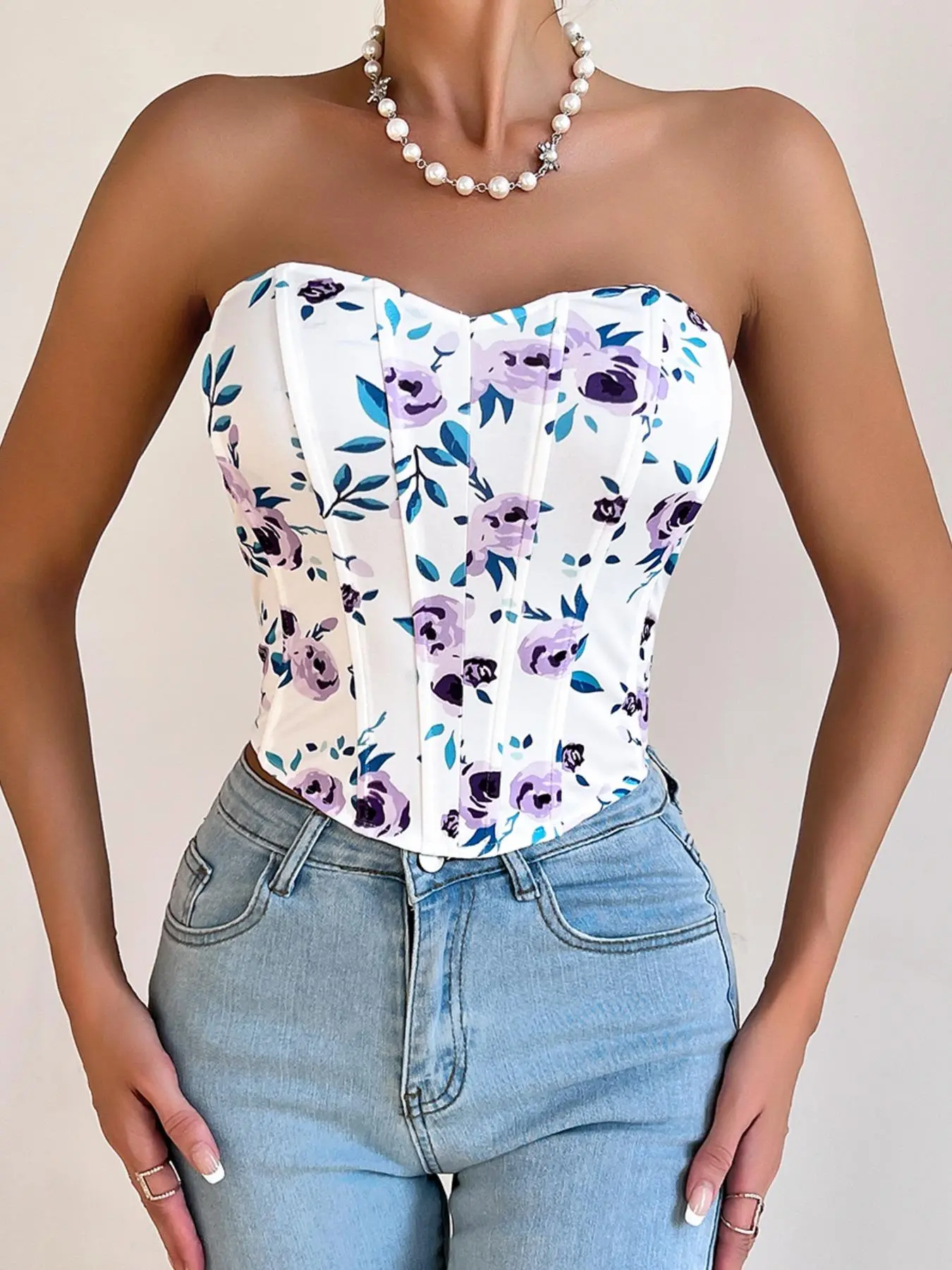Women's Floral Print Corset Tube Top, Summer Clothes Women, Bohemian Summer Strapless Top, Casual Sweetheart Neck Sleeveless Top for Summer, Women's Summer Clothes for Beach Holiday Club Valentine's Day, gift