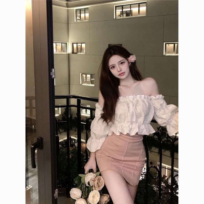 Áo Sơ Mi Trễ Vai Hình Lá, Ootd, Dành Cho Nữ, Tay Loe Rốn Ngắn, Áo Sơ Mi Dài Tay, Phong Cách Thanh Lịch Và Sang Trọng Kiểu Pháp, Thích Hợp Cho Mùa Hè 3