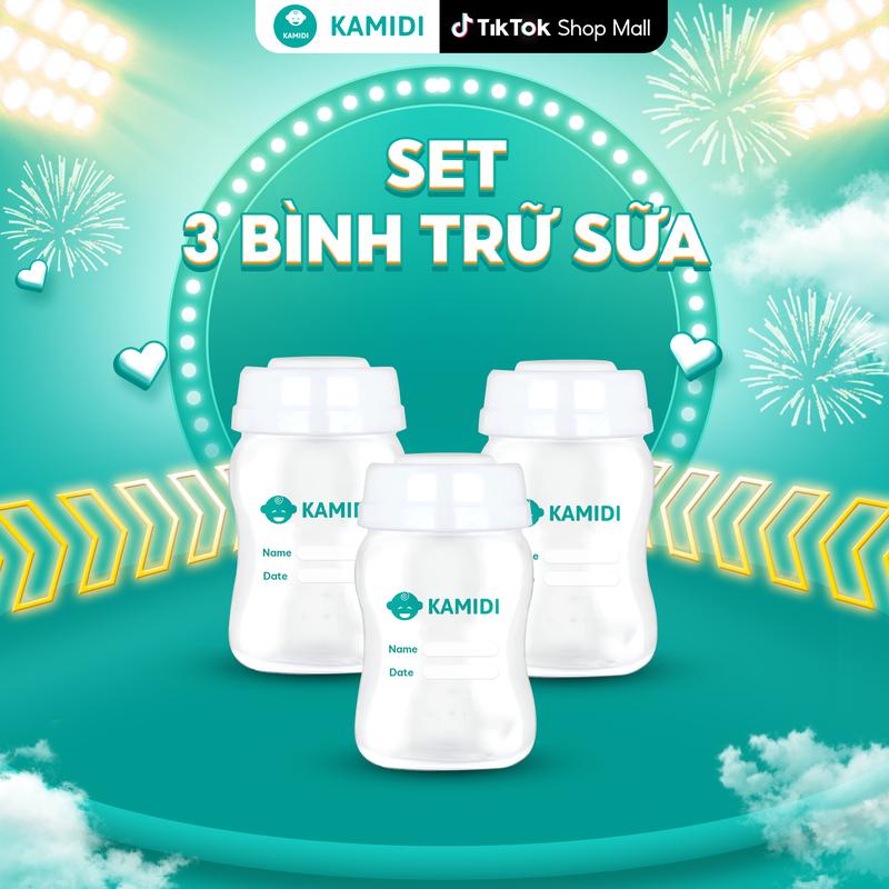 Set 3 Bình Trữ Sữa Kamidi Cổ Rộng Dung Tích 150ml Chất Liệu Nhựa PP Cao Cấp Đựng Sữa bảo quản tủ lạnh dùng trong ngày