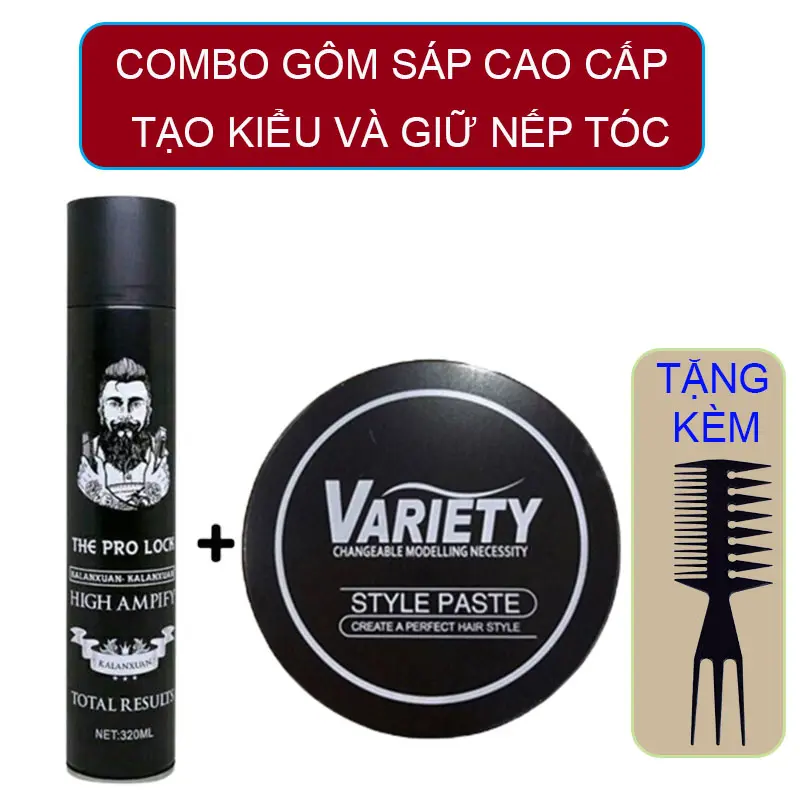 Combo Gôm Sáp Vuốt Tóc Nam THE PRO LOCK 420ML + SÁP VARIETY Tạo Kiểu, Giữ Nếp Cho Tóc tặng kèm lược